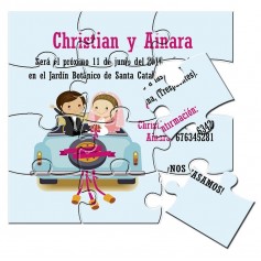 Puzzle en lata para invitación de boda coche novios