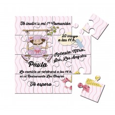 Invitación de comunion niña columpio en puzzle