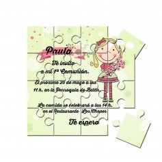 invitación de comunión puzzle niña con ramo