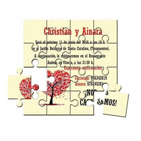 Puzzle para invitación de boda arbol corazon