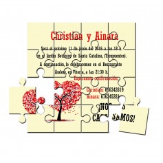 Puzzle en lata para invitación de boda arbol corazon