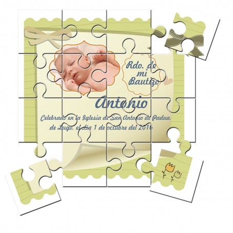 Recordatorio con foto de Bautizo unisex en puzzle