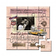 Invitación en puzzle en lata para boda con foto