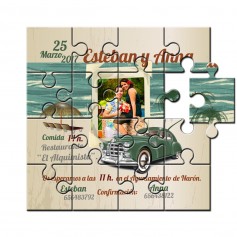 Invitacion boda en puzzle coche vintage con lata personalizada