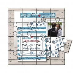 Invitacion boda en puzzle motivos marinos en lata