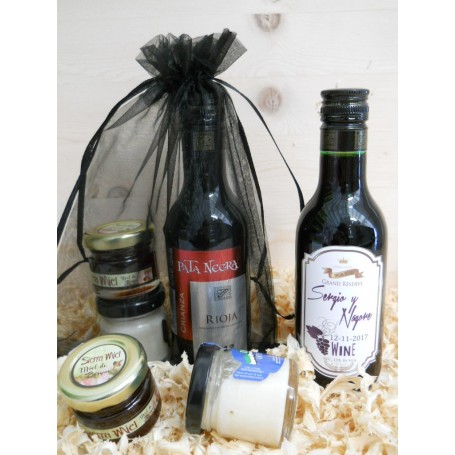 Pack Gourmet vino Crianza Pata Negra con 1 tarro queso y 1 tarro miel