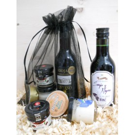 Pack Gourmet vino Tinto Joven Rioja Antaño con 1 tarro queso, 1 tarro de mermelada y 1 tarrina pate