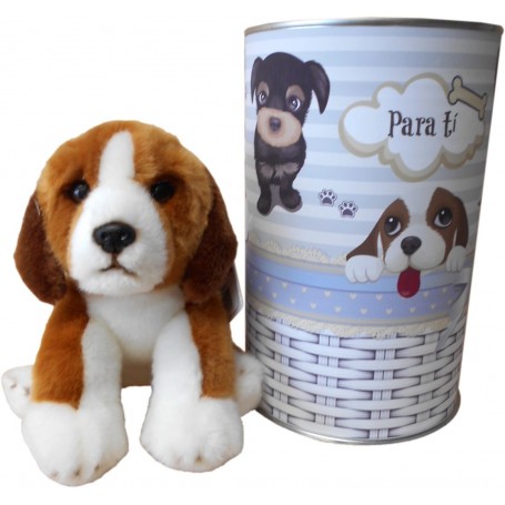 Perro peluche Beagle de 22 cm en lata con abre fácil