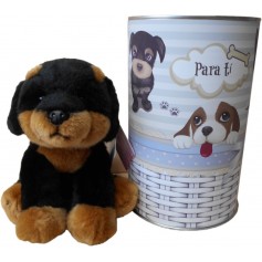 Perro peluche ROTTWEILER de 22 cm en lata con abre fácil