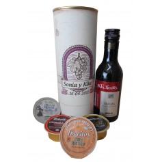Botellin Vino tinto Pata Negra con paté y crema queso de cabra en lata personalizada
