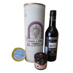 Botella de vino tinto Crianza Antaño con crema de queso azul y mermelada en lata personalizada