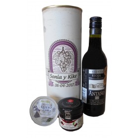 Botella de vino tinto Crianza Antaño con crema de queso de cabra y mermelada en lata personalizada