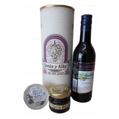 Botella de vino tinto Mayoral con crema de queso de cabra y miel en lata personalizada