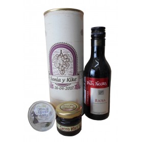 Botella de vino CrianzaPata Negra con crema de queso de cabra y miel en lata personalizada