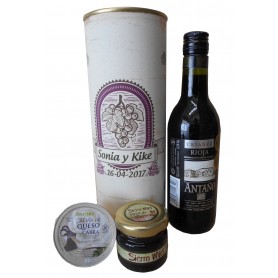 Botella de vino Crianza Antaño con crema de queso de cabra y miel en lata personalizada