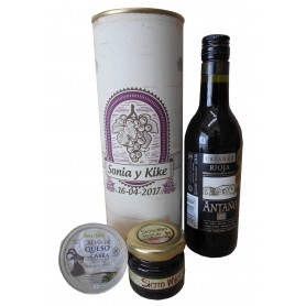 Botella de vino Crianza Antaño con crema de queso de cabra y miel en lata personalizada