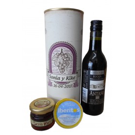 Botella de vino Crianza Antaño con crema de queso de azul y miel en lata personalizada