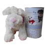 Peluche perro blanco y rosa de 28 cm en lata con abre fácil