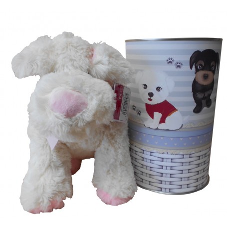 Peluche perro blanco y rosa de 28 cm en lata con abre fácil