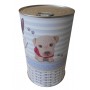 Peluche perro blanco y rosa de 28 cm en lata con abre fácil