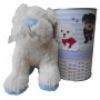 Peluche perro blanco y azul de 28 cm en lata con abre fácil