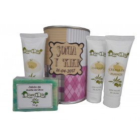 Lata cosmetico con productos de Aceite de Oliva, Gel, champu, Crema de manos y pastilla de jabon