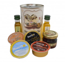 Lata personalizada con Aceite de Oliva Virgen extra, Aceite de Oliva Virgen ecologica, miel, pate y tarrina de queso azul