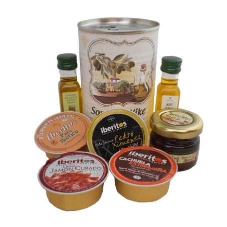 Lata personalizada con Aceite de Oliva Virgen extra, Aceite de Oliva Virgen ecologica, miel, pate y tarrina de crema de jamon