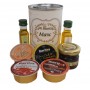 Lata personalizada con Aceite de Oliva Virgen extra, Aceite de Oliva Virgen ecologica, miel, pate y tarrina de crema de jamon