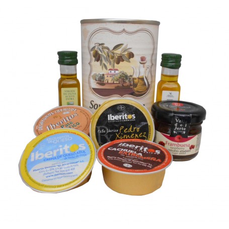 Lata personalizada con Aceite de Oliva Virgen extra, Aceite de Oliva Virgen ecologica, mermelada, pate y queso azul