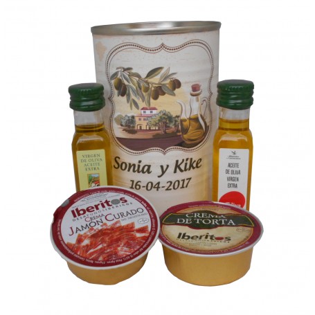 Lata personalizada con Aceite de Oliva Virgen extra, Aceite de Oliva Virgen ecologica, queso de torta y crema de jamon