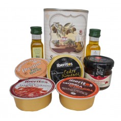 Lata personalizada con Aceite de Oliva Virgen extra, Aceite de Oliva Virgen ecologica, mermelada, pate y crema de jamón