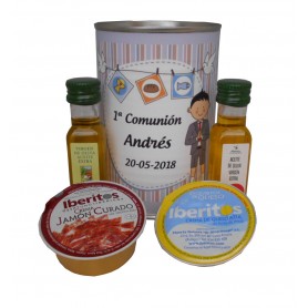 Lata personaliza con abre fácil con aceite Virgen extra, Aceite de Oliva Ecológica, crema de jamón y queso azul