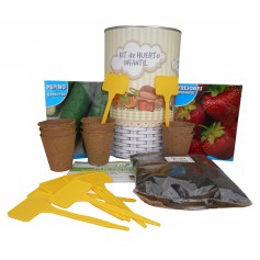 Kit de huerto infantil con semilleros, tierra turba, semillas tomate pepino, fresones y marcaje de semilleros