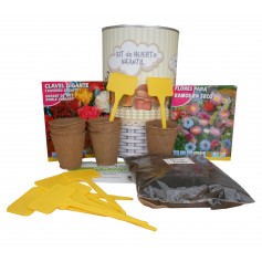 Kit de huerto infantil con semilleros, tierra turba, semillas clavel gigante, semillas ramos secos y marcaje de semilleros