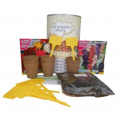 Kit de huerto infantil con semilleros, tierra turba, clavel gigante, Espuela de Caballero y marcaje de semilleros