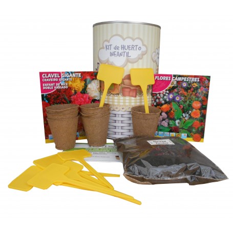 Kit de huerto infantil con semilleros, tierra turba, clavel gigante, flores secas y marcaje de semilleros