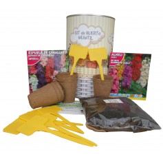 Kit de huerto infantil con semilleros, tierra turba, Espuela de Caballero, Alheli y marcaje de semilleros