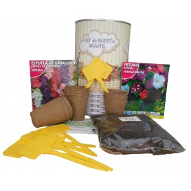 Kit de huerto infantil con semilleros, tierra turba, Espuela de Caballero, Petunia y marcaje de semilleros