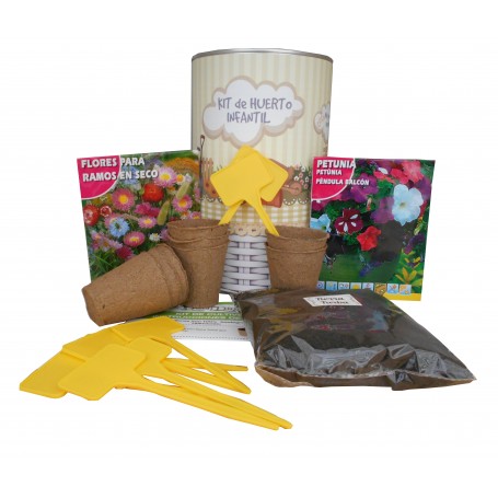 Kit de huerto infantil con semilleros, tierra turba, Flores secas, Petunia y marcaje de semilleros