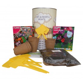 Kit de huerto infantil con semilleros, tierra turba, Flores Campestres, Petunia y marcaje de semilleros