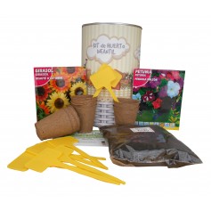 Kit de huerto urbano infantil con semilleros, tierra turba, Girasol, Petunia y marcaje de semilleros