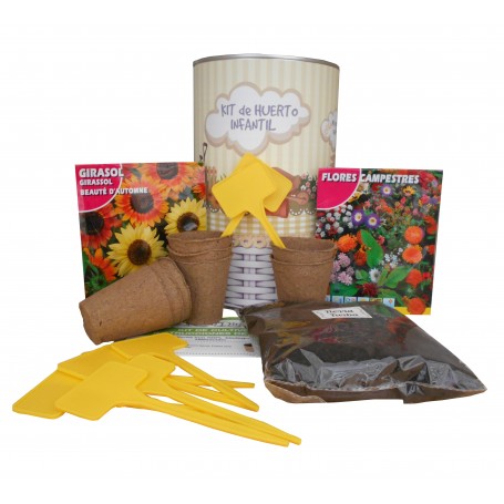 Kit de huerto urbano infantil con semilleros, tierra turba, Girasol, ramos secos y marcaje de semilleros